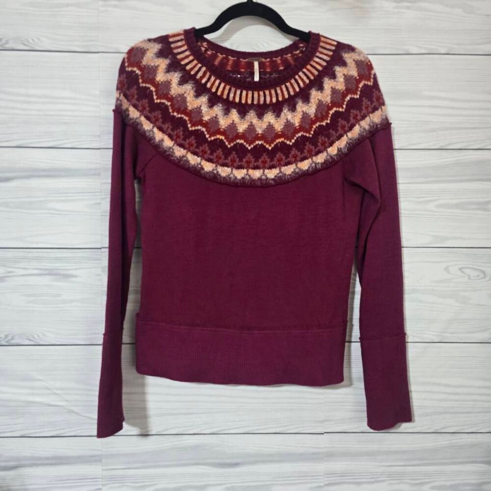 Free People FP Burgundy Fairisle Thermal Sweater Small Winter Fall Trendy